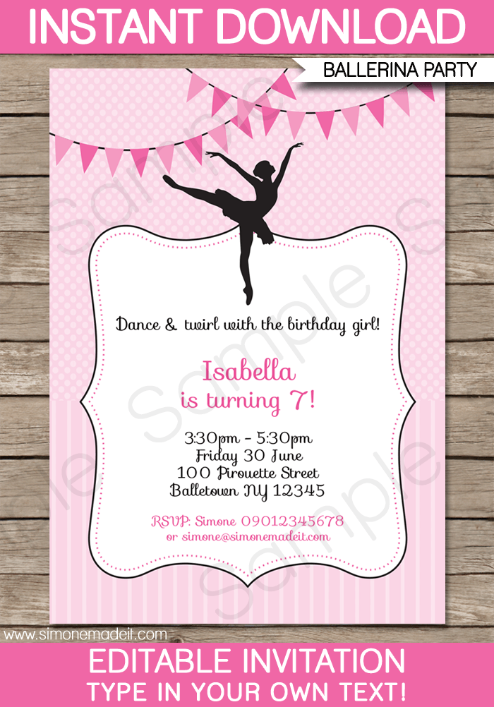 Ballerina Party Invitations | Birthday Party | Editable DIY Theme Template | INSTANT DOWNLOAD $7.50 via SIMONEmadeit.com