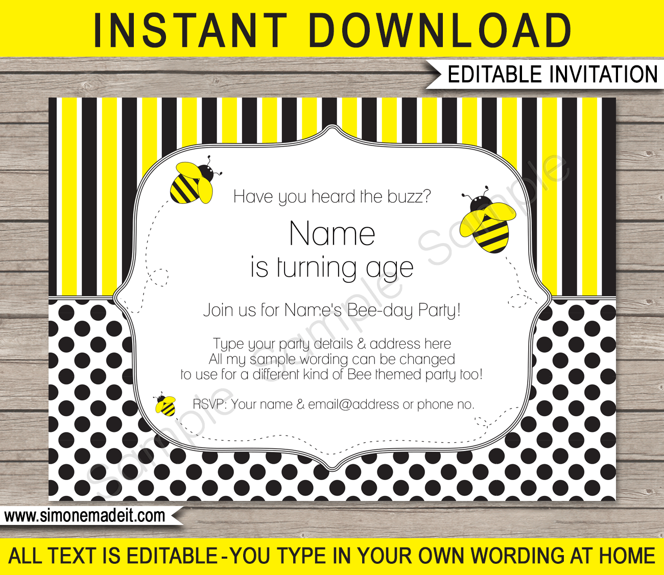 Bee Party Invitations | Birthday Party | Editable DIY Theme Template | INSTANT DOWNLOAD $7.50 via SIMONEmadeit.com