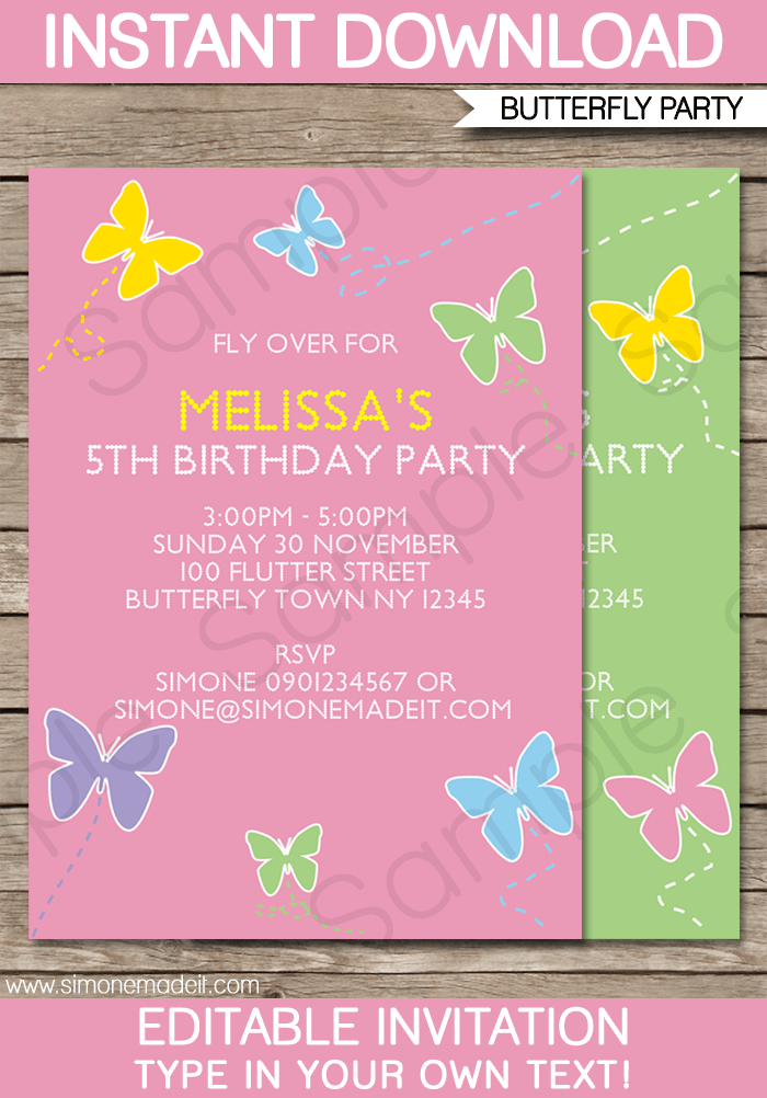 Butterfly Party Invitations | Birthday Party | Editable DIY Theme Template | INSTANT DOWNLOAD $7.50 via SIMONEmadeit.com