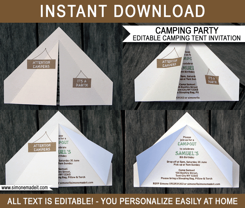 Camping Tent Invitation Template | Campout | Birthday Party | Editable DIY Theme Template | INSTANT DOWNLOAD $7.50 via SIMONEmadeit.com