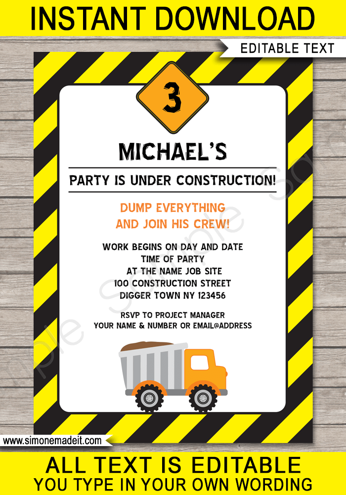 Construction Party Invitations | Dump Truck | Birthday Party | Editable DIY Theme Template | INSTANT DOWNLOAD $7.50 via SIMONEmadeit.com