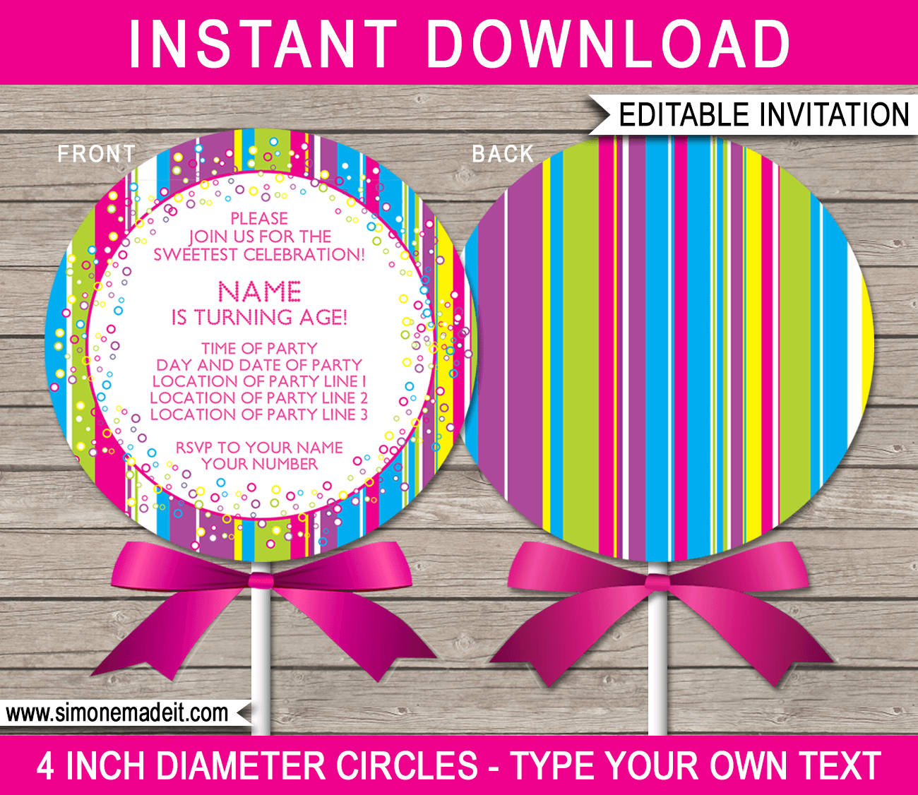 Lollipop Invitation Template | Birthday Party Invitations | Editable DIY Theme Template | INSTANT DOWNLOAD $7.50 via SIMONEmadeit.com