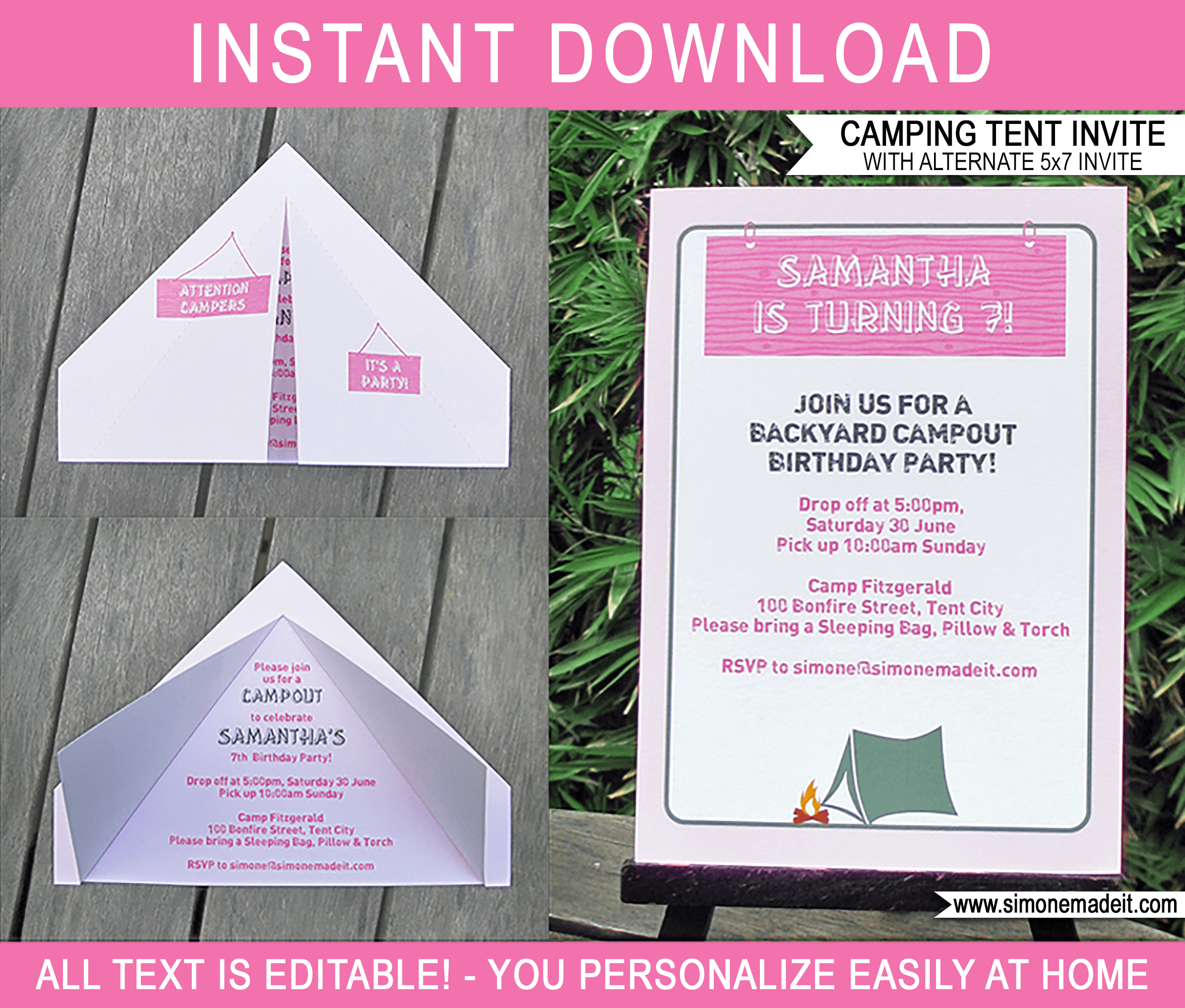 Girls Camping Tent Invitations template | Pink Campout Theme Invite | Glamping | Birthday Party | Editable DIY Theme Template | INSTANT DOWNLOAD $7.50 via SIMONEmadeit.com