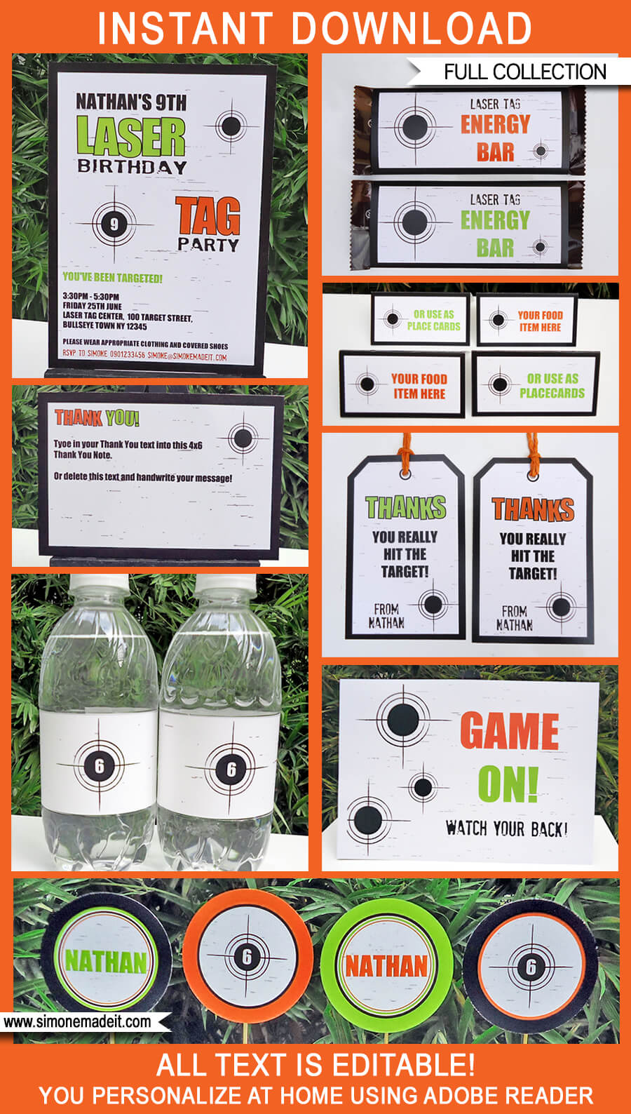 Laser Tag Birthday Party Printables, Invitations & Decorations | Green and Orange | Editable Theme Templates | INSTANT DOWNLOAD $12.50 via SIMONEmadeit.com