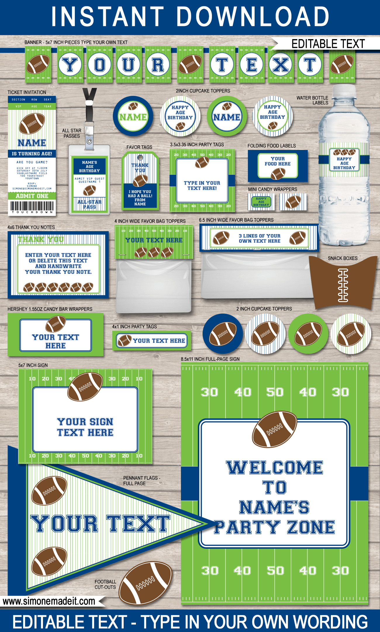 Green Blue Football Printables Invitations Decorations