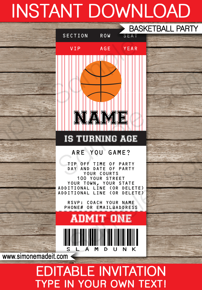 FREE Printable Basketball Ticket Invitation Template  Basketball birthday  invitations free, Basketball birthday invitations, Ticket invitation  birthday