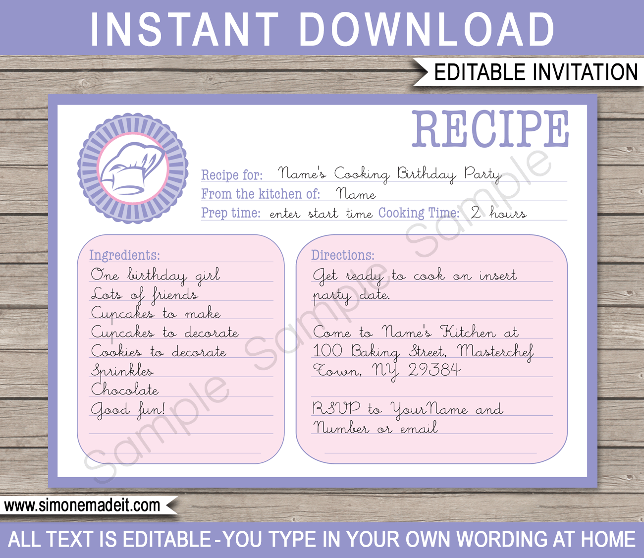 Cooking Recipe Card Invitations | Birthday Party | Editable DIY Theme Template | INSTANT DOWNLOAD $7.50 via SIMONEmadeit.com