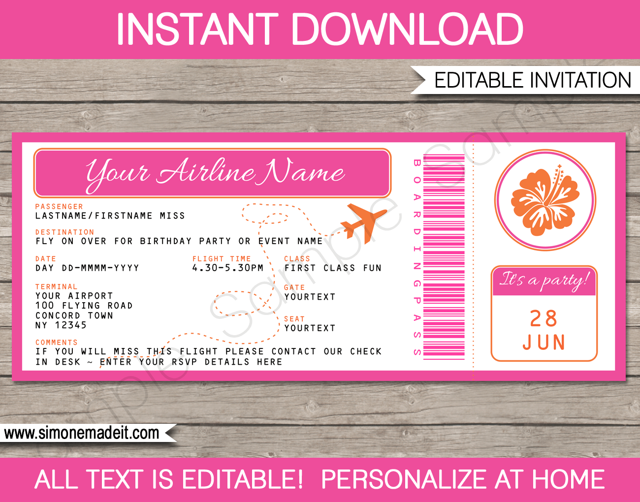 Luau Boarding Pass Invitations Template Birthday Party