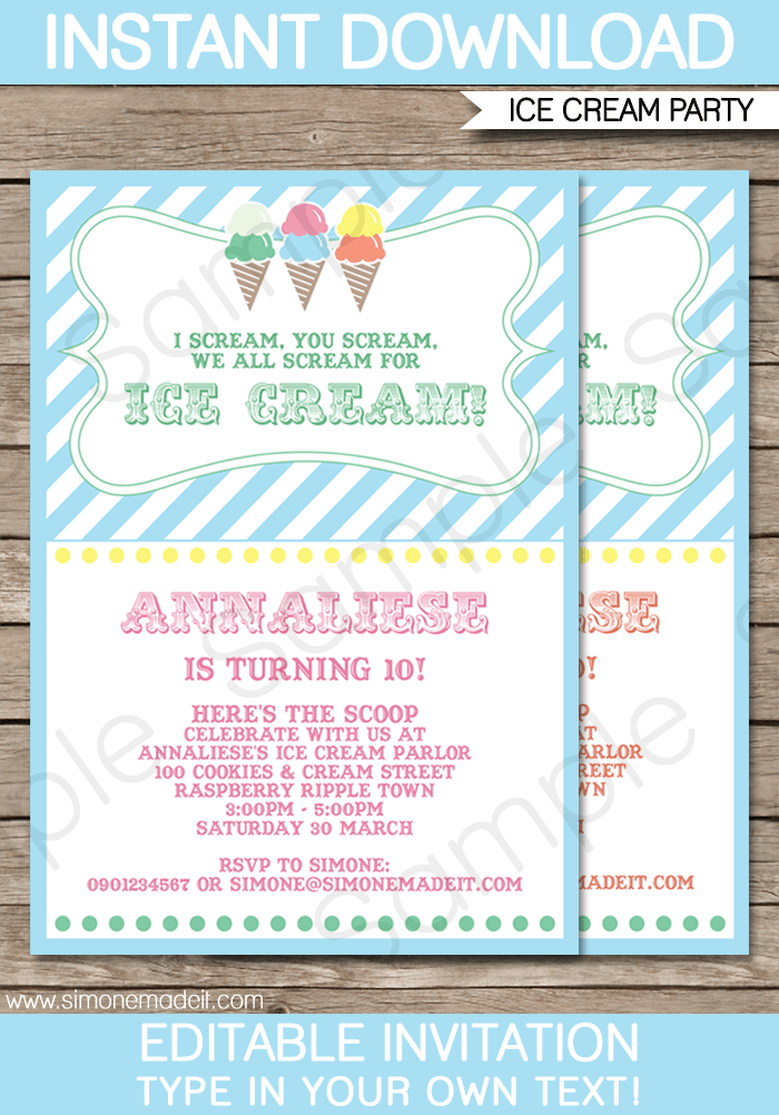 Ice Cream Party Invitations | Ice Cream Parlor | Ice Cream Shoppe | Birthday Party | Editable DIY Theme Template | INSTANT DOWNLOAD $7.50 via SIMONEmadeit.com