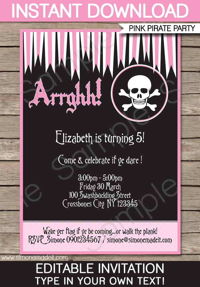 Invitation Pink PIRATE Party for girls PERSONALIZED Birthday party Invitation Printable invitation Pink pirate Party Digital invitation.