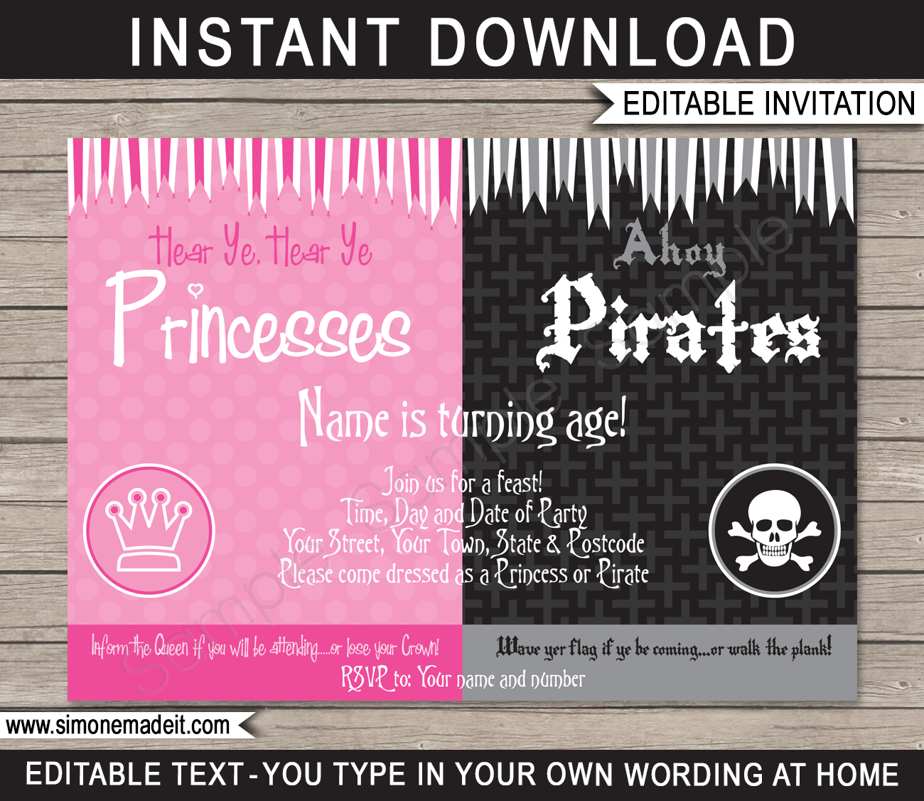 Pirates & Princesses Party Invitations | Birthday Party | Editable DIY Theme Template | INSTANT DOWNLOAD $7.50 via SIMONEmadeit.com