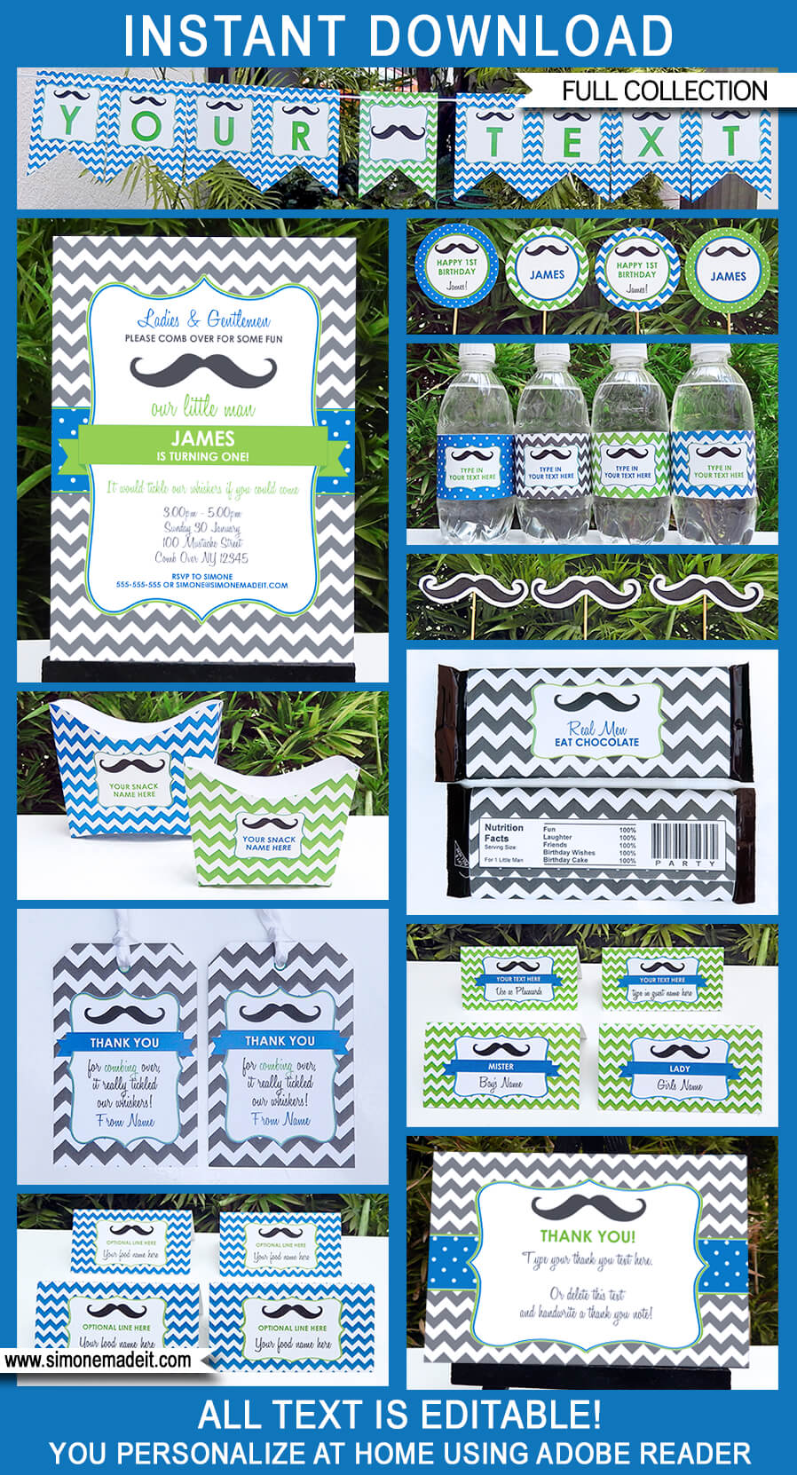 Mustache Party Printables, Invitations & Decorations | Editable Birthday Party Theme Templates | INSTANT DOWNLOAD $12.50 via SIMONEmadeit.com