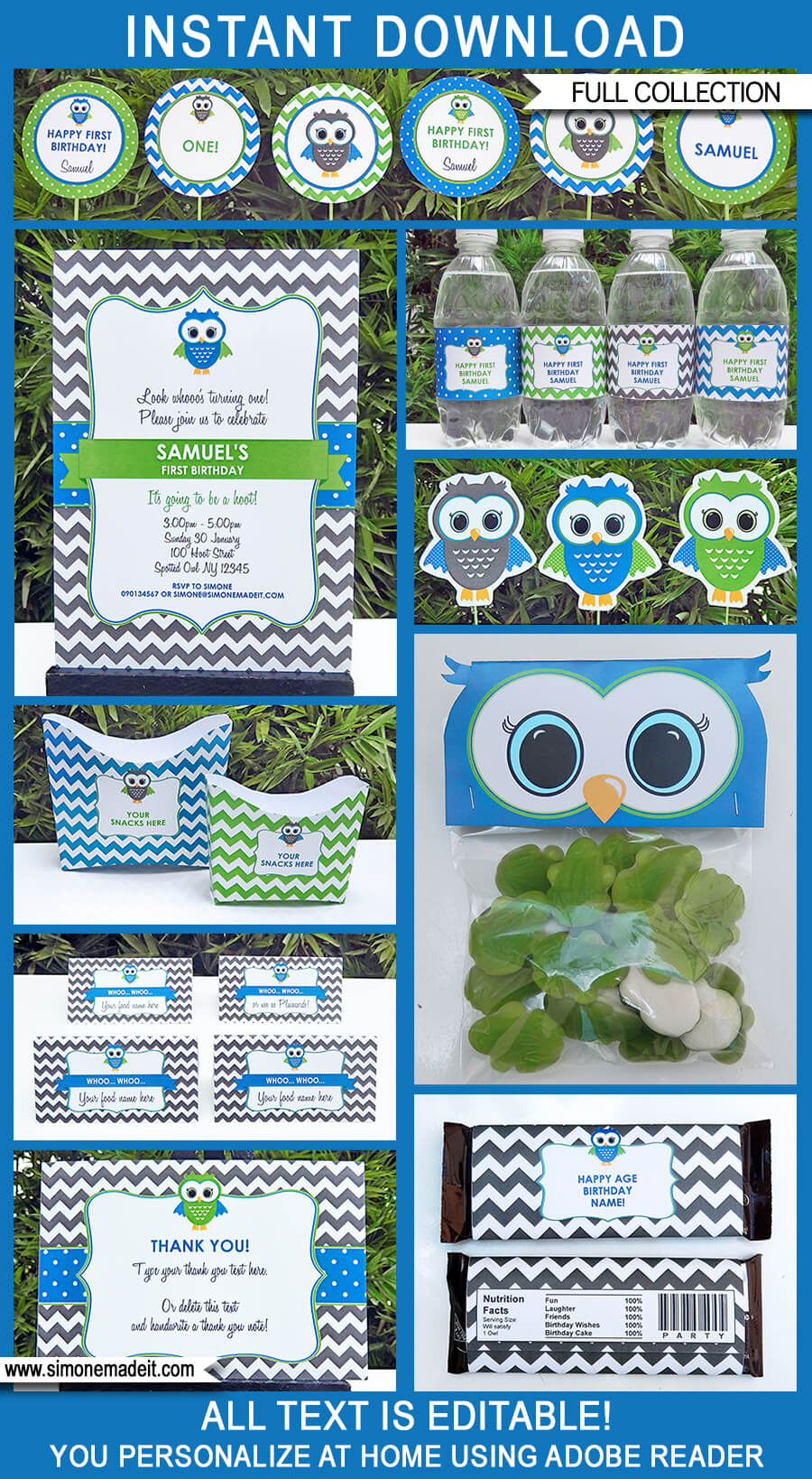 Blue Owl Birthday Party Printables, Invitations & Decorations | Editable Theme Templates | INSTANT DOWNLOAD $12.50 via SIMONEmadeit.com