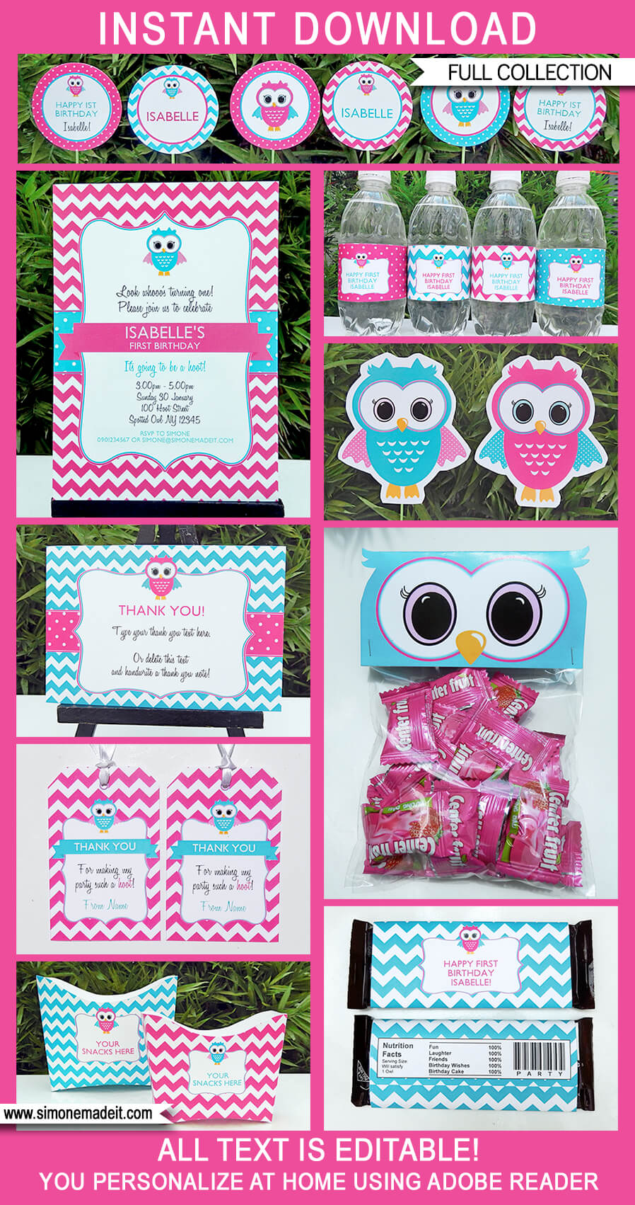 Pink Owl Party Printables, Invitations & Decorations | Editable Birthday Party Theme Templates | INSTANT DOWNLOAD $12.50 via SIMONEmadeit.com