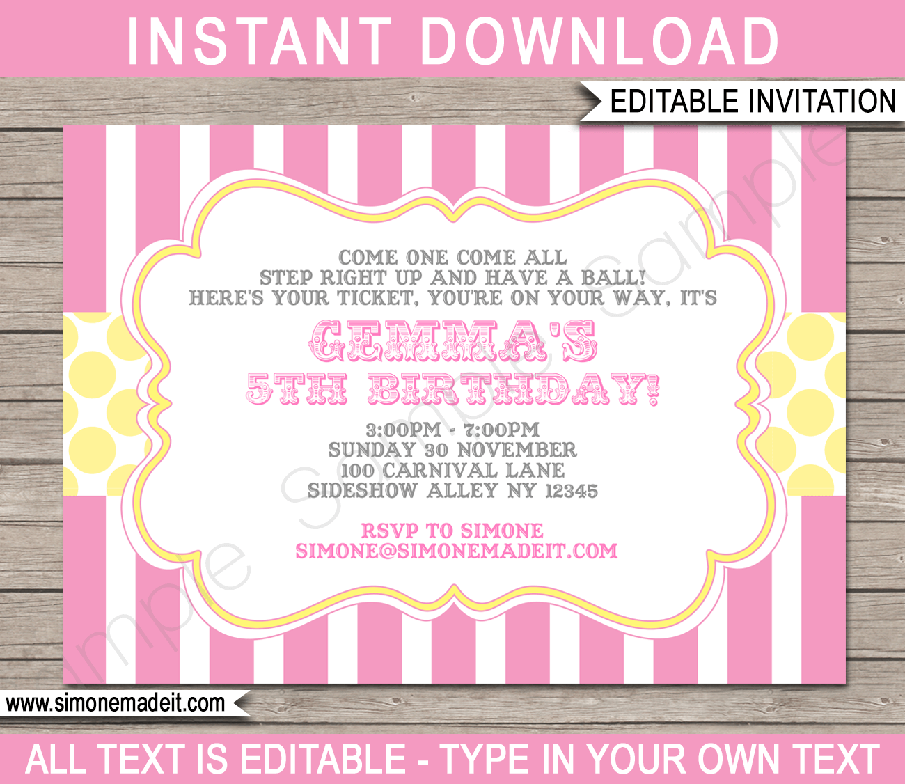 Carnival Party Invitations | Circus Party | Pink and Yellow | Birthday Party | Editable DIY Theme Template | INSTANT DOWNLOAD $7.50 via SIMONEmadeit.com