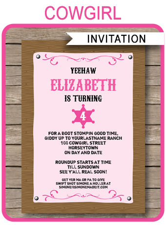 Printable Cowgirl Party Invitations Template