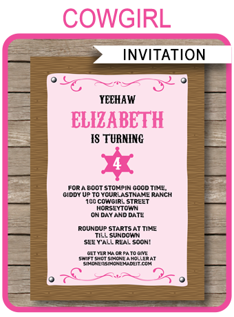 Printable Cowgirl Party Invitations Template