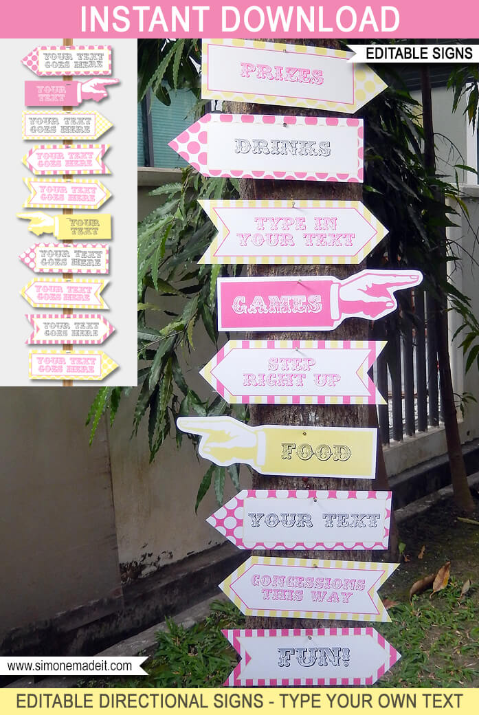 Yellow & Pink Carnival Directional Signs | Carnival Party | Circus Party | Direction Arrows | Editable DIY Template | $4.50 INSTANT DOWNLOAD via SIMONEmadeit.com