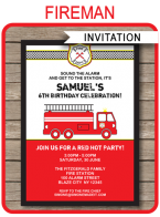 Fireman / Fire Truck Party Invitations Template