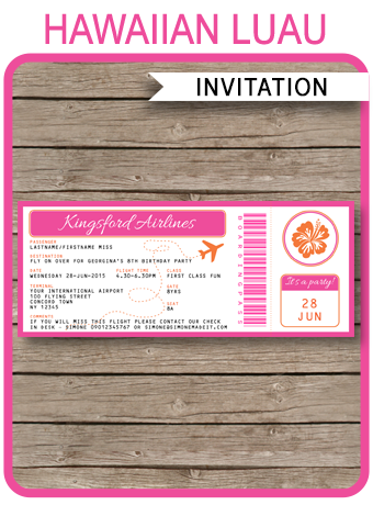 Printable Hawaiian Luau Boarding Pass Invitations Template