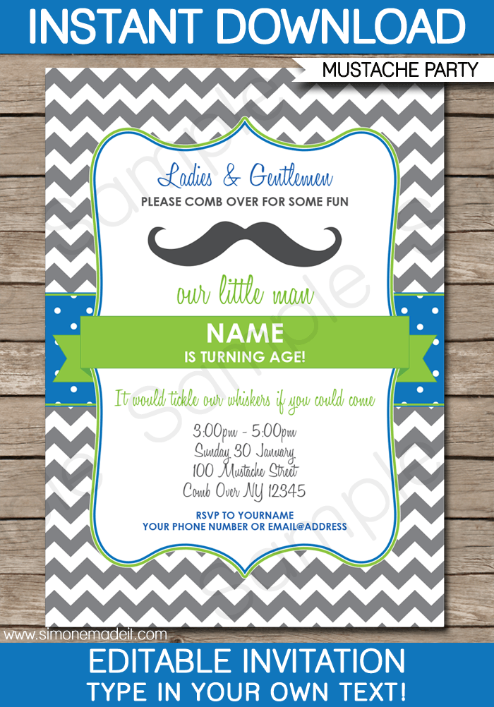 Mustache Party Invitations | Birthday Party | Editable DIY Theme Template | INSTANT DOWNLOAD $7.50 via SIMONEmadeit.com