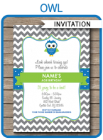 Owl Birthday Party Invitations Template – blue