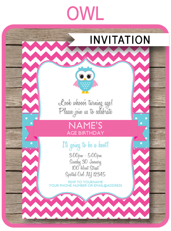 Owl Party Invitations | Pink | Birthday Party | Template