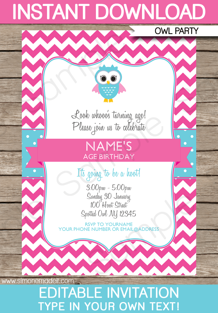 Owl Party Invitations | Pink | Birthday Party | Editable DIY Theme Template | INSTANT DOWNLOAD $7.50 via SIMONEmadeit.com