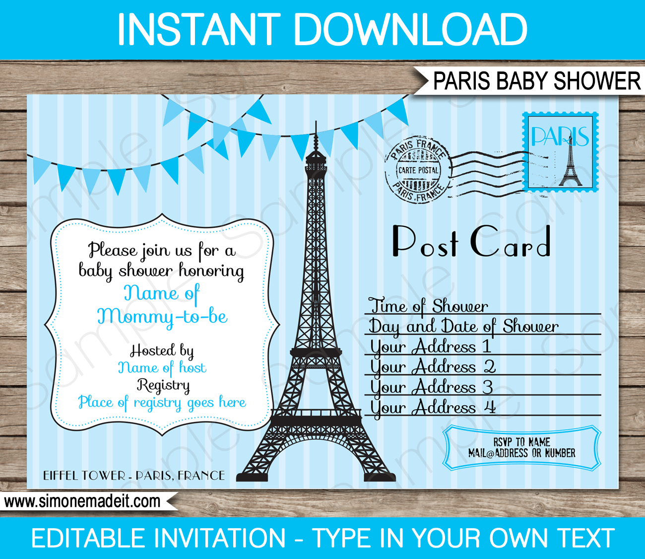 Blue Paris Baby Shower Invitation | Boy Blue | Editable DIY Theme Template | INSTANT DOWNLOAD $7.50 via SIMONEmadeit.com