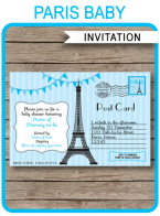 Printable blue Paris Baby Shower Invitations Template