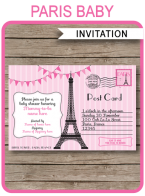 Printable pink Paris Baby Shower Invitations Template