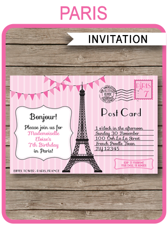 Printable Postcard to Paris Party Invitations Template