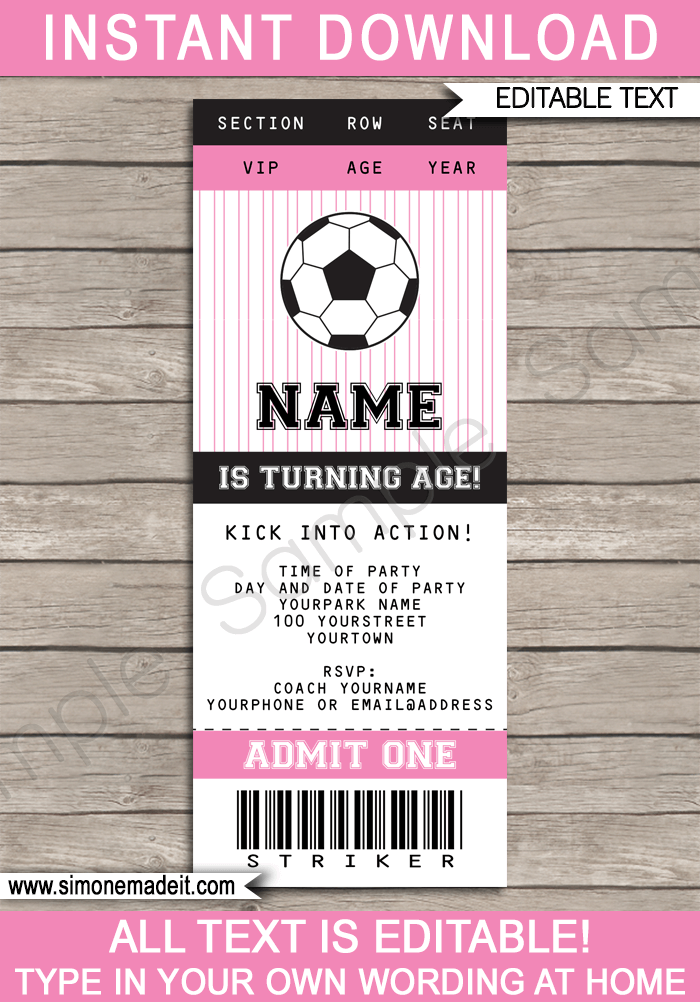 Pink Soccer Ticket Invitations | Birthday Party | Editable DIY Theme Template | INSTANT DOWNLOAD $7.50 via SIMONEmadeit.com