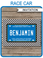 Printable Blue Race Car Party Invitations Template