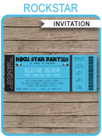 Rockstar Birthday Party Ticket Invitation Template – blue