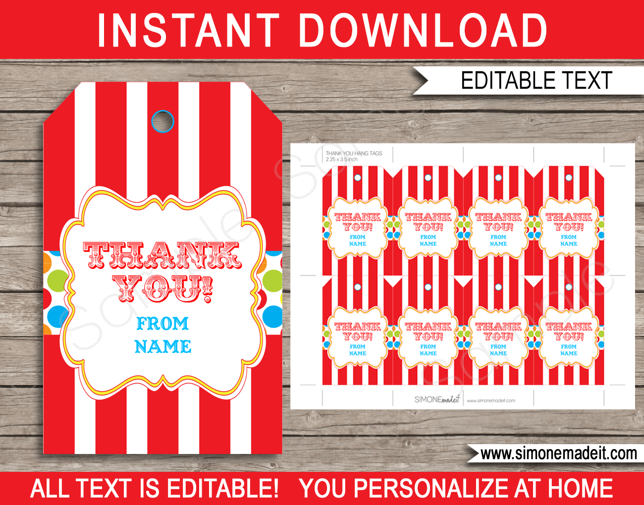 Carnival Party Favor Tags | Thank You Tags | Circus Birthday Party Theme | Editable DIY Template | via SIMONEmadeit.com