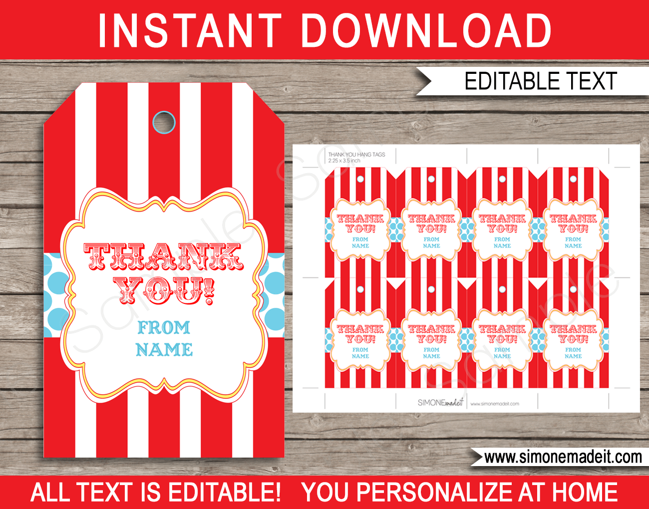 Red & Aqua Circus Party Favor Tags | Thank You Tags | Carnival Birthday Party Theme | Editable DIY Template | via SIMONEmadeit.com