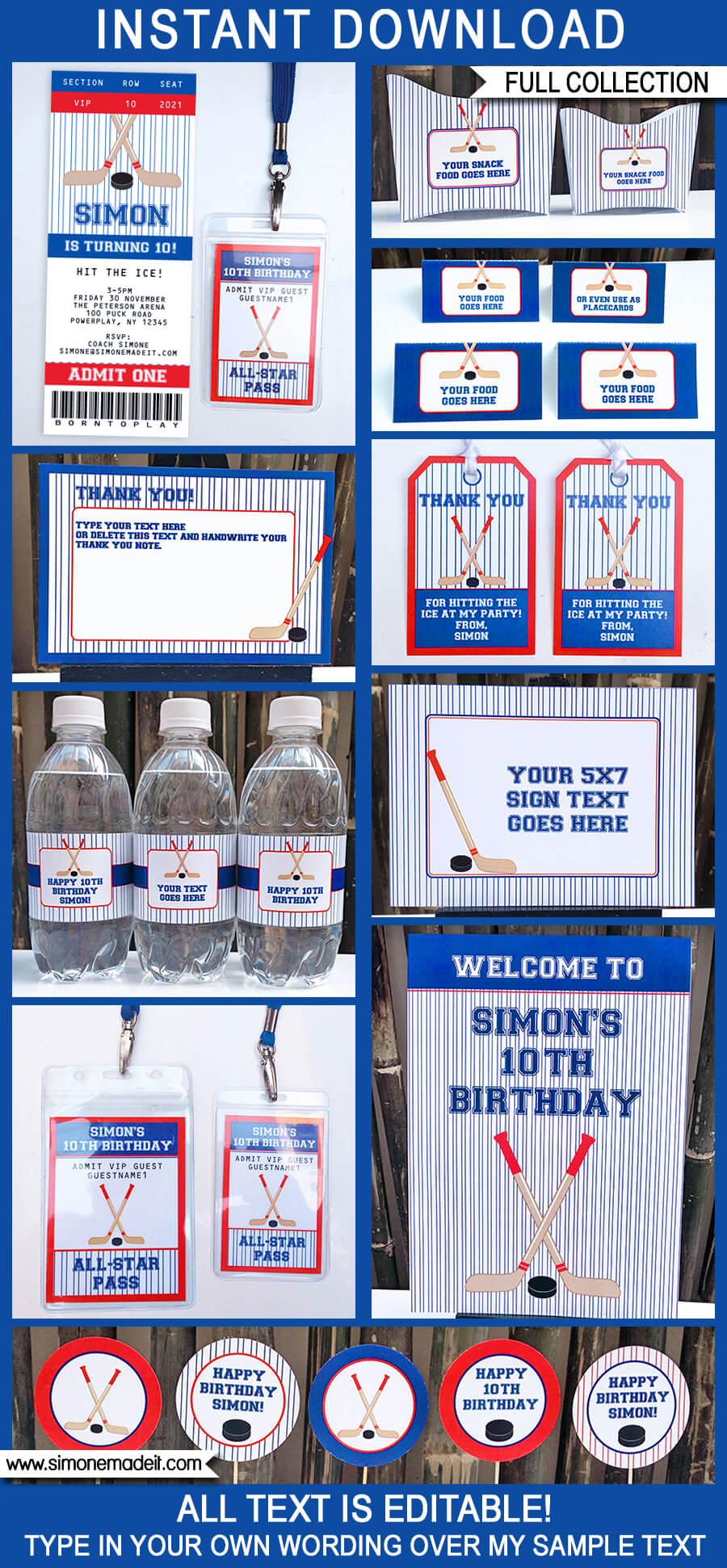 Hockey Party Printables, Invitations, Decorations | Red & Blue | Birthday Party | Editable DIY Theme Templates | INSTANT DOWNLOADS $12.50 via SIMONEmadeit.com