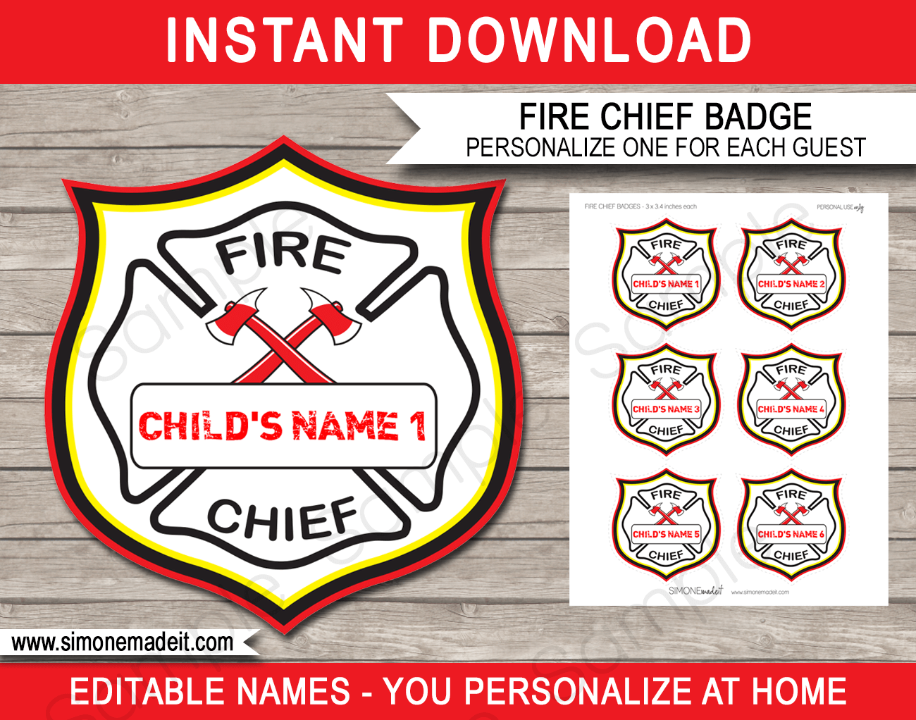 Fire Chief Badges | Fireman Birthday Party | Editable & Printable DIY Template | via SIMONEmadeit.com