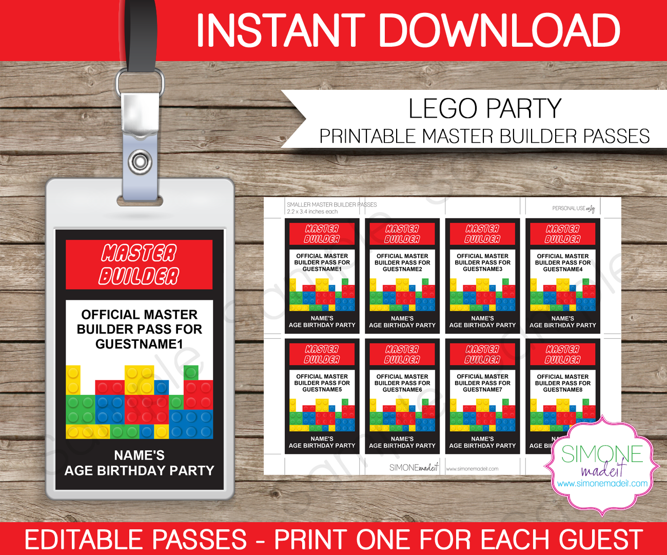 Lego Master Builder Passes | Printable Template | Birthday Party | $3.50 via SIMONEmadeit.com