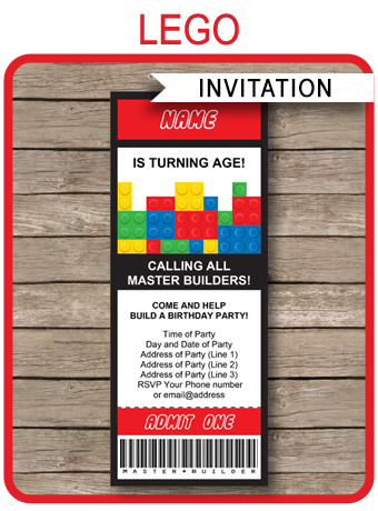 Lego Ticket Invitations | Birthday Party | Template - 340 x 460 png 204kB