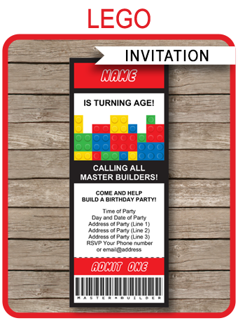 Lego Ticket Invitations | Birthday Party | Template - 340 x 460 png 204kB