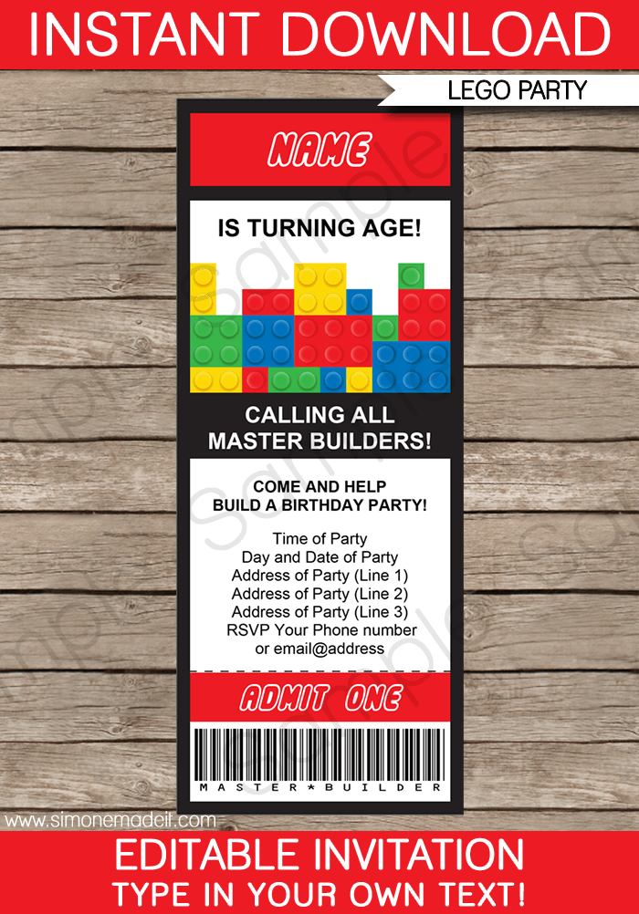 Lego Ticket Invitations | Birthday Party | Editable DIY Theme Template | INSTANT DOWNLOAD $7.50 via SIMONEmadeit.com