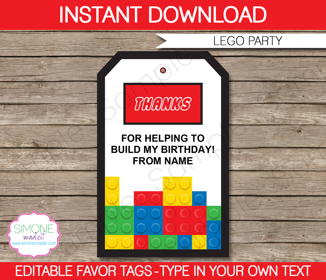 Lego Favor Tags | Thank You Tags | Birthday Party | Editable DIY Template | via SIMONEmadeit.com