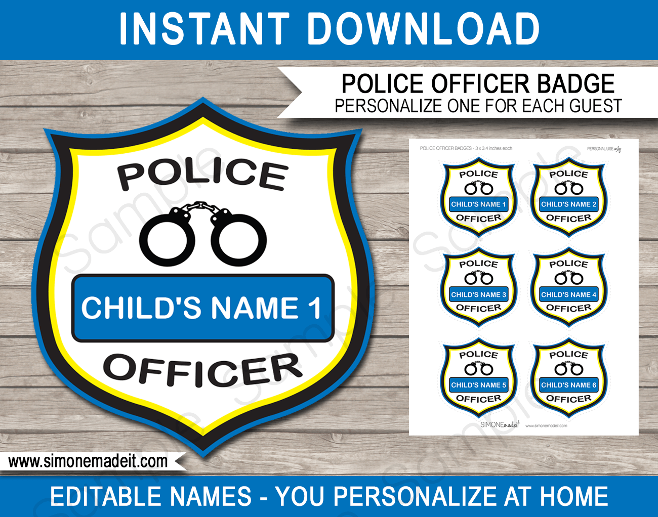 Police Officer Badges | Police Birthday Party | Editable & Printable DIY Template | via SIMONEmadeit.com 