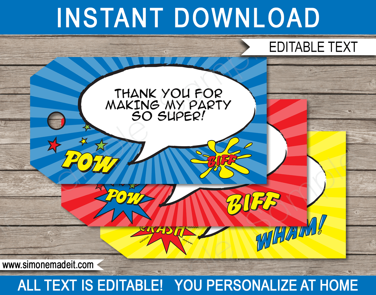 Superhero Party Favor Tags | Thank You Tags | Birthday Party Theme | Editable DIY Template | via SIMONEmadeit.com