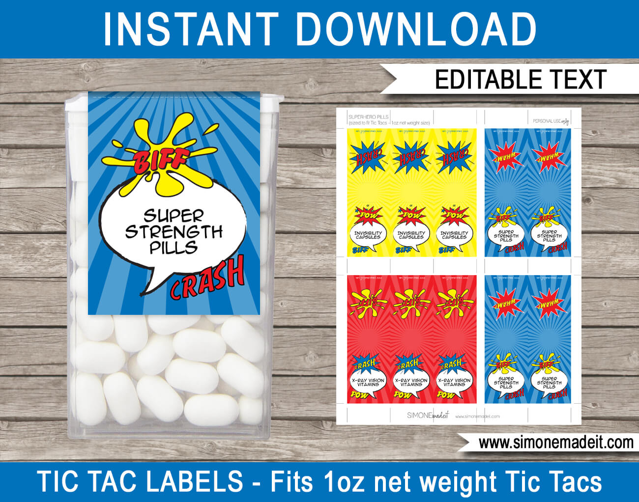 Superhero Tic Tac Labels | Superhero Birthday Party Favors | Superpowers | Editable DIY Template | via SIMONEmadeit.com