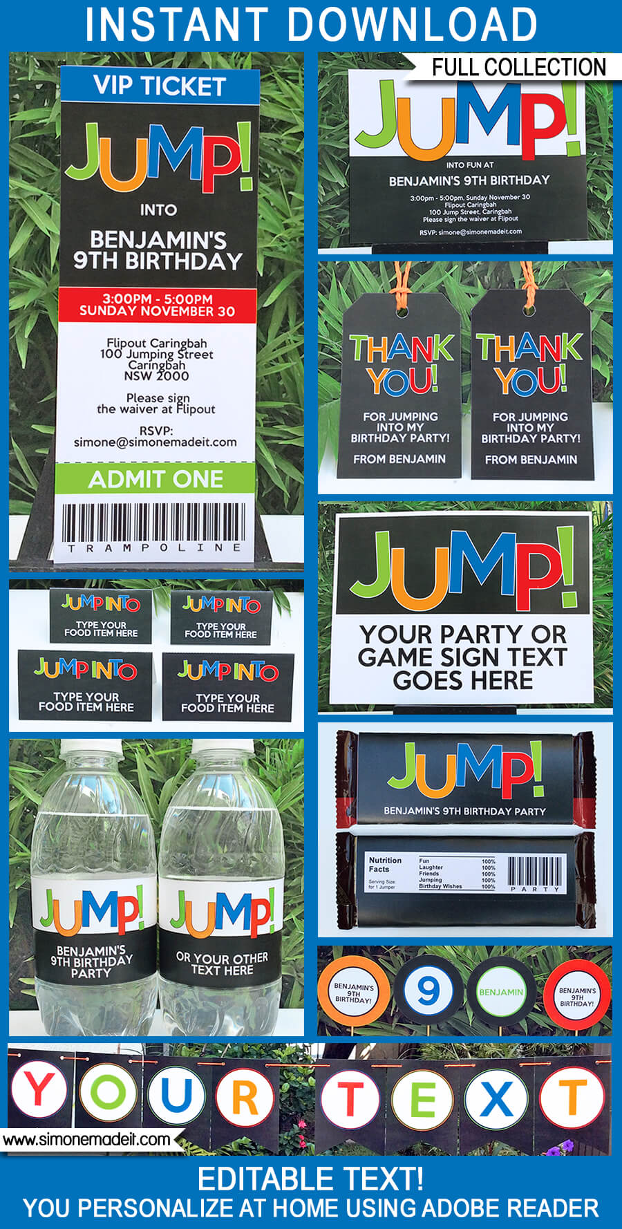 Trampoline Party Printables, Invitations & Decorations | Editable Birthday Party Theme templates | INSTANT DOWNLOAD $12.50 via SIMONEmadeit.com