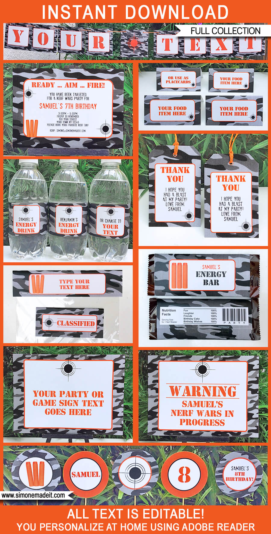 Nerf Party Printables, Invitations & Decorations | Editable Birthday Party Theme Templates | INSTANT DOWNLOAD $12.50 via SIMONEmadeit.com