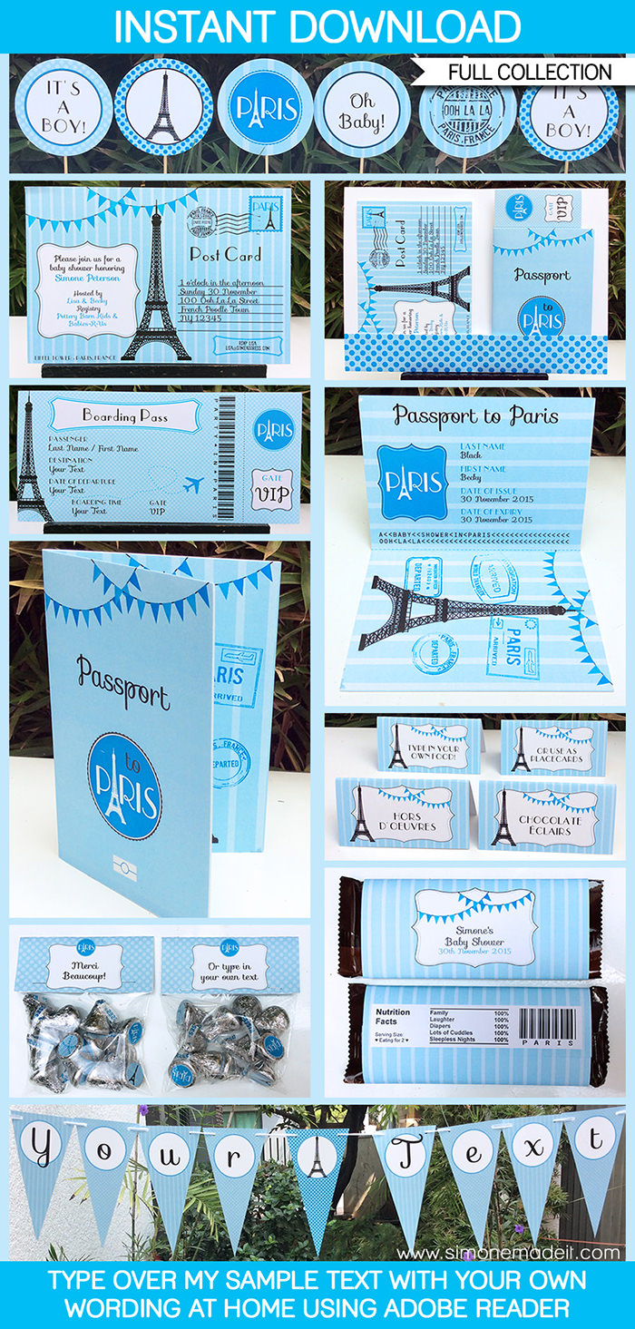 Blue Paris Baby Shower Printables, Invitations & Decorations | Blue | Editable Theme templates | INSTANT DOWNLOAD $12.50 via SIMONEmadeit.com
